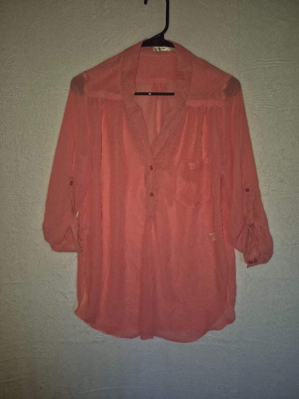 Poetry Sheer Chiffon Roll-Tab Blouse Size S Guava Coral Pink Fairycore Whimsical
